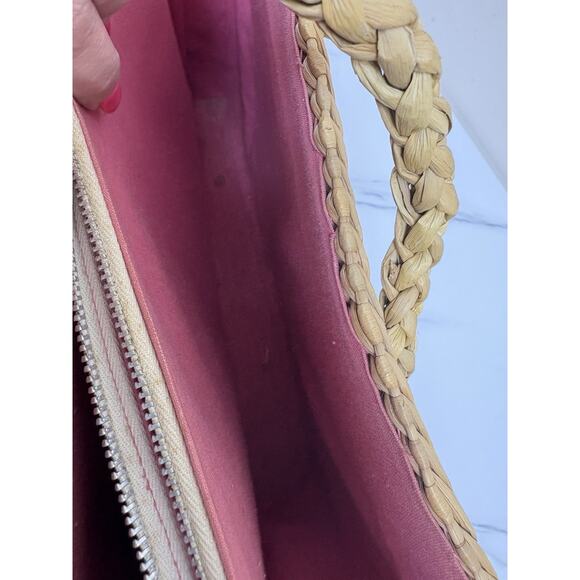 Mantessa Woven Straw Raffia Flower Tote Bag Pink White Boho Cottagecore - Picture 11 of 13